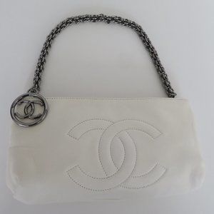 Chanel Small CC Interchangable White Leather Shoulder/Wristlet/Clutch Handbag